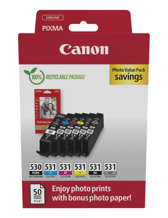 Canon PGI-530 CLI-531 PVP bläckpatroner 6 styck Original Svart, Cyan, Grå, Magenta, Fotosvart, Gul