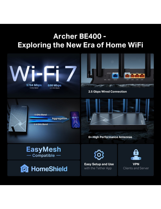TP-Link Archer BE400 langaton reititin 2.5 Gigabit Ethernet Kaksitaajuus (2,4 GHz 5 GHz) musta