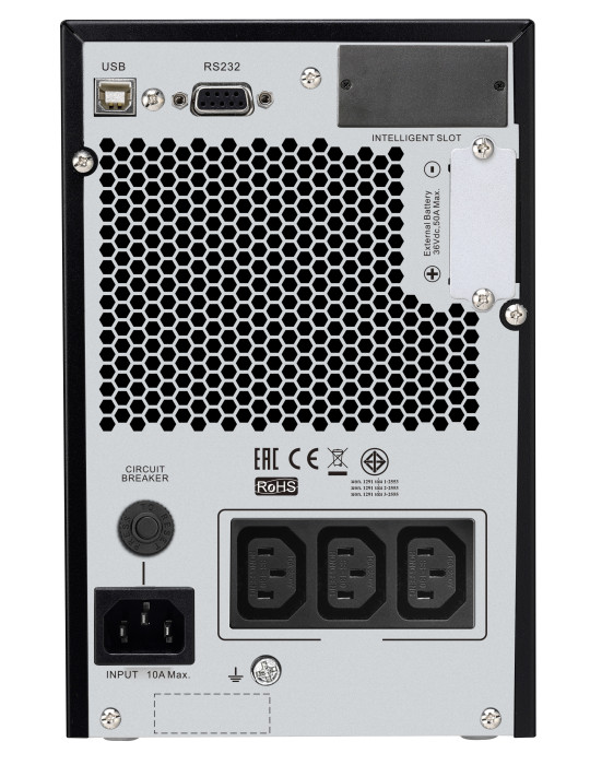 APC SRV1KIL UPS-virtalähde Taajuuden kaksoismuunnos (verkossa) 1 kVA 800 W 3 AC-pistorasia(a)