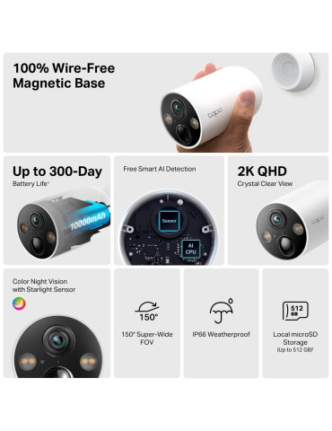 TP-Link Tapo C425 Projektil (form) IP-säkerhetskamera Utomhus 2560 x 1440 pixlar Innertak vägg TP-Link Tapo C425 Projektil (form) IP-säkerhetskamera Utomhus 2560 x 1440 pixlar Innertak vägg