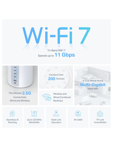 TP-Link Deco BE65 Triband (2,4 GHz 5 GHz 6 GHz) Wi-Fi 7 (802.11be) Vit 4 Intern