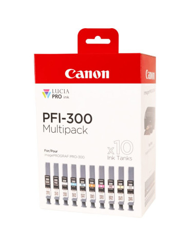Canon PFI-300 mustekasetti 10 kpl Alkuperäinen Musta, Sininen, Syaani, Harmaa, Magenta, Valokuva musta, Valokuva magenta,