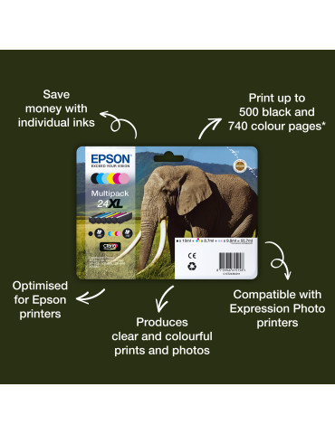 Epson Elephant Yksittäispakkaus, musta 24XL Claria Photo HD -muste
