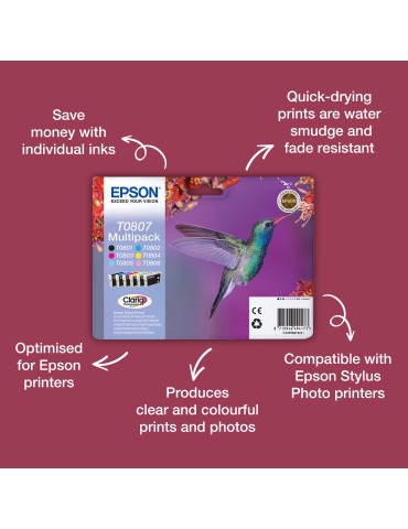 Epson Hummingbird Monipakkaus, 6 väriä T0807 Claria Photographic -muste