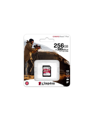 Kingston Technology 256 Gt Canvas React Plus SDXC UHS-II 300R 260W U3 V90, täysteräväpiirto 4K 8K