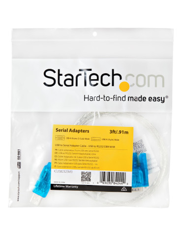 StarTech.com ICUSB232SM3 cable gender changer DB-9 USB 2.0 A Blue, Transparent