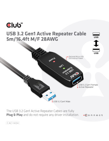 CLUB3D CAC-1404 USB cable USB 3.2 Gen 1 (3.1 Gen 1) 196.9" (5 m) USB A 5 Gbit s Black