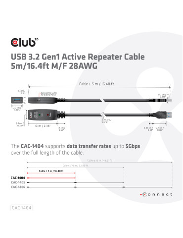 CLUB3D USB 3.2 Gen1 Active Repeater Cable 5m  16.4 ft M F 28AWG
