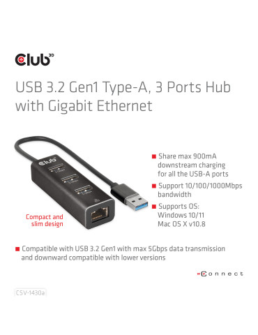 CLUB3D CSV-1430a Wired USB 3.2 Gen 1 (3.1 Gen 1) Type-A Black