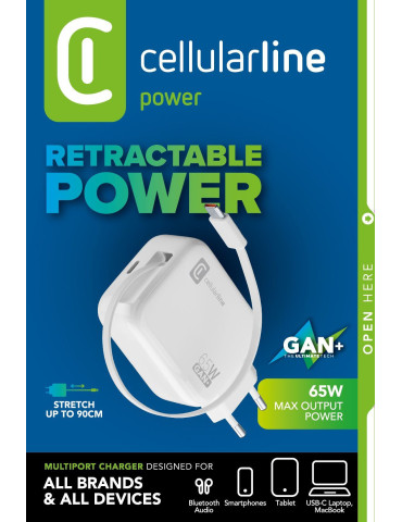 Cellularline Retractable Power 65W Kuulokkeet, Universaali Valkoinen AC Pikalataus Sisätila