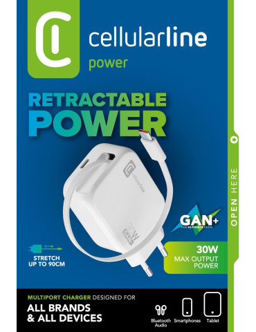 Cellularline Retractable Power 30W Kuulokkeet, Universaali Valkoinen AC Sisätila