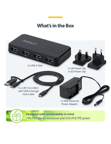 StarTech.com 4-portars USB-A-hubb, 5 Gbps, självförsörjande, 2-i-1 USB-C- och USB-A-värdkabel, 1x BC 1.2-laddningsport, 24 W