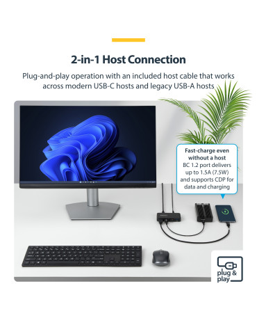StarTech.com 4-portars USB-A-hubb, 5 Gbps, självförsörjande, 2-i-1 USB-C- och USB-A-värdkabel, 1x BC 1.2-laddningsport, 24 W