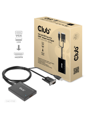 CLUB3D CAC-1720 videokaapeli-adapteri 0,6 m HDMI-tyyppi A (vakio) VGA (D-Sub) + USB Musta