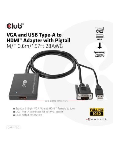 CLUB3D CAC-1720 videokaapeli-adapteri 0,6 m HDMI-tyyppi A (vakio) VGA (D-Sub) + USB Musta