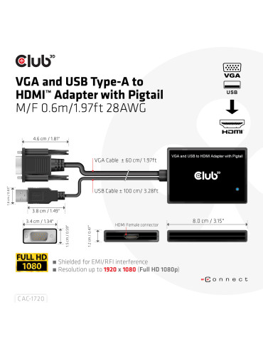 CLUB3D CAC-1720 videokaapeli-adapteri 0,6 m HDMI-tyyppi A (vakio) VGA (D-Sub) + USB Musta