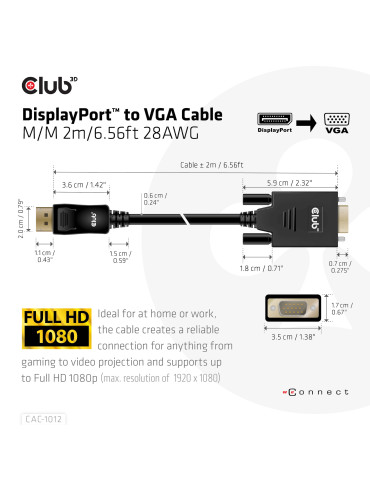 CLUB3D CAC-1012 video cable adapter 78.7" (2 m) DisplayPort VGA (D-Sub) Black