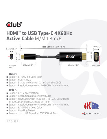 CLUB3D CAC-1334 video cable adapter 70.9" (1.8 m) HDMI Type A (Standard) USB Type-C Black