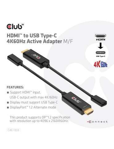 CLUB3D CAC-1333 video cable adapter 8.66" (0.22 m) HDMI Type A (Standard) USB Type-C Black