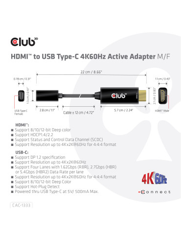CLUB3D CAC-1333 video cable adapter 8.66" (0.22 m) HDMI Type A (Standard) USB Type-C Black