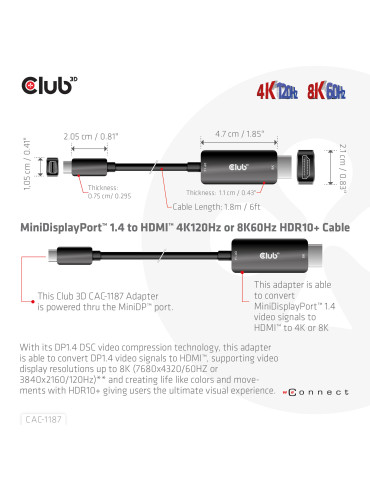 CLUB3D CAC-1187 videokaapeli-adapteri 1,8 m Mini DisplayPort HDMI Musta