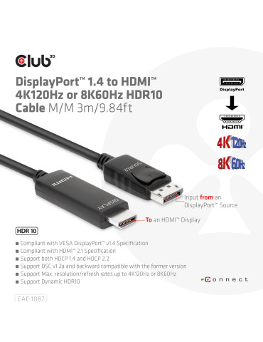 CLUB3D CAC-1087 video cable adapter 118.1" (3 m) DisplayPort HDMI Black