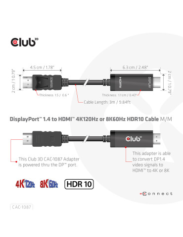 CLUB3D CAC-1087 video cable adapter 118.1" (3 m) DisplayPort HDMI Black