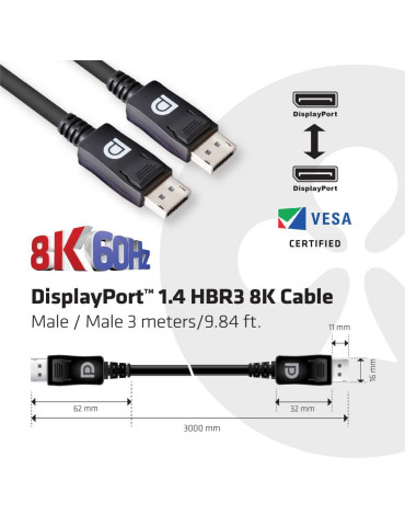 CLUB3D DisplayPort 1.4 HBR3 8K 28AWG Cable M M 3m  9.84ft