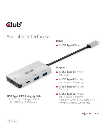 CLUB3D CSV-1543 interface hub USB 3.2 Gen 2 (3.1 Gen 2) Type-C 10000 Mbit s Black, Silver