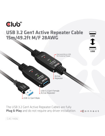 CLUB3D CAC-1406 USB cable USB 3.2 Gen 1 (3.1 Gen 1) 590.6" (15 m) USB A 5 Gbit s Black