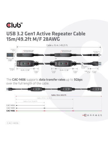 CLUB3D CAC-1406 USB cable USB 3.2 Gen 1 (3.1 Gen 1) 590.6" (15 m) USB A 5 Gbit s Black