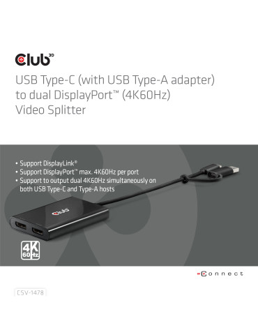 CLUB3D CSV-1478 videohaaroitin USB Type-C 2x DisplayPort