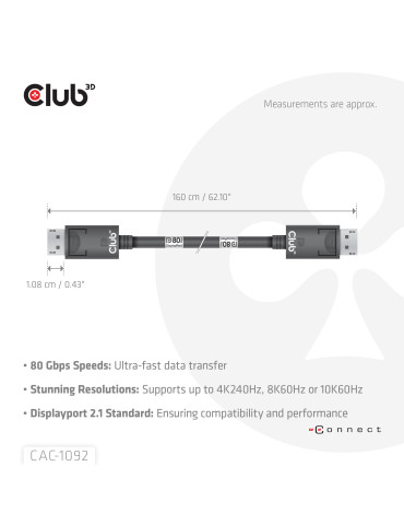 CLUB3D DisplayPort™ 2.1 Bi-Directional VESA DP80 Certified Cable 4K120Hz, 8K60Hz or 10K60Hz M M 1.6m 5.25ft