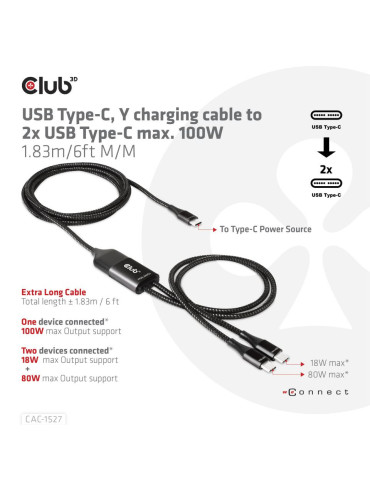 CLUB3D CAC-1527 USB cable 72" (1.83 m) USB C 2 x USB C 100 W Black