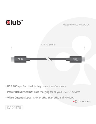 CLUB3D CAC-1570 USB cable USB4 Gen 2x2 47.2" (1.2 m) USB C 80 Gbit s 240 W Black