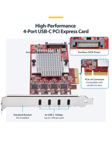 StarTech.com USB Type-C PCIe-kort med fyra portar, USB 3.2 10 Gbps, USB-C PCI Express-expansionskort, fyra oberoende