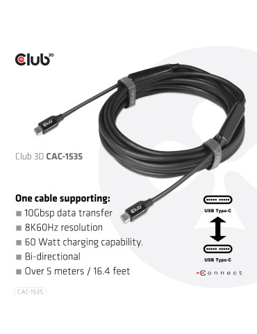 CLUB3D USB 3.2 Gen2 Type C to C Active Bi-directional Cable 8K60Hz M M 5m 16.4ft