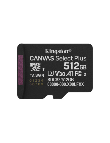 Kingston Technology 512 Gt microSDXC Canvas Select Plus Gen3 150 MB s A1 -kortti + sovitin