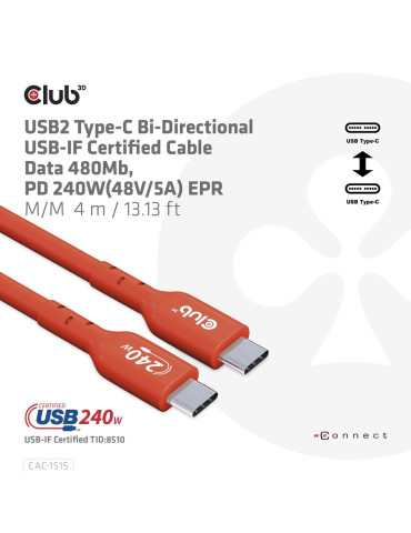 CLUB3D USB2 Type-C Bi-Directional USB-IF Certified Cable Data 480Mb, PD 240W(48V 5A) EPR M M 4m   13.13ft