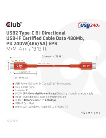 CLUB3D USB2 Type-C Bi-Directional USB-IF Certified Cable Data 480Mb, PD 240W(48V 5A) EPR M M 4m   13.13ft