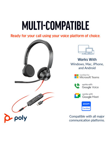 HP Poly Blackwire 3325 Stereo Microsoft Teams Certified USB-C Headset +3.5mm Plug +USB-C A Adapter