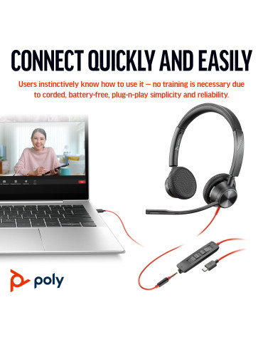 HP Poly Blackwire 3325 Stereo Microsoft Teams Certified USB-C Headset + 3,5 mm-kontakt + USB-C A-adapter