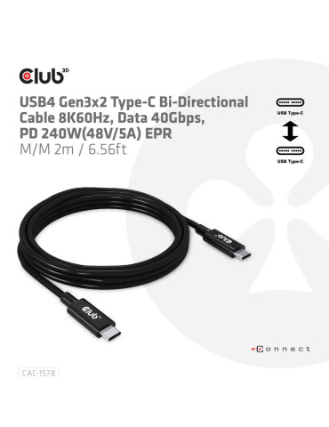 CLUB3D USB4 Gen3x2 Type-C Bi-Directional Cable 8K60Hz, Data 40Gbps, PD 240W(48V 5A) EPR M M 2m   6.56ft