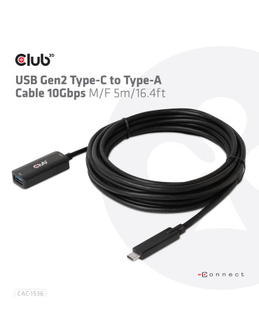 CLUB3D CAC-1536 USB-kablar USB 3.2 Gen 2 (3.1 Gen 2) 5 m USB C USB A 10 Gbit s Svart