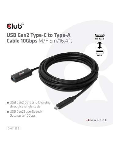 CLUB3D CAC-1536 USB-kablar USB 3.2 Gen 2 (3.1 Gen 2) 5 m USB C USB A 10 Gbit s Svart