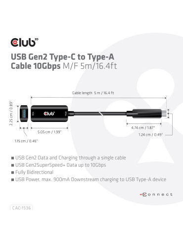 CLUB3D CAC-1536 USB-kablar USB 3.2 Gen 2 (3.1 Gen 2) 5 m USB C USB A 10 Gbit s Svart
