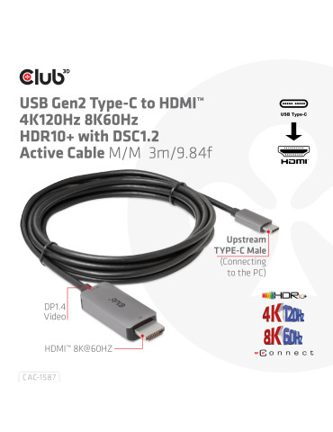 CLUB3D CAC-1587 video cable adapter 118.1" (3 m) USB Gen2 Type-C HDMI Type A (Standard) Black