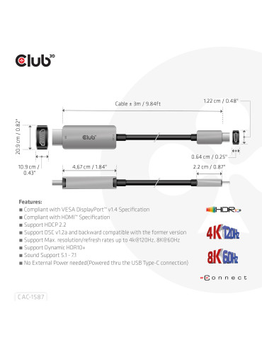 CLUB3D CAC-1587 video cable adapter 118.1" (3 m) USB Gen2 Type-C HDMI Type A (Standard) Black