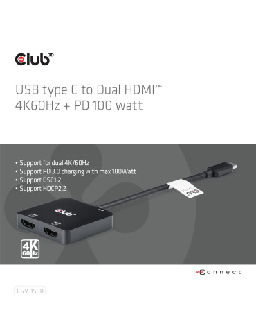 CLUB3D CSV-1558 bilddelare USB Type-C 2x HDMI