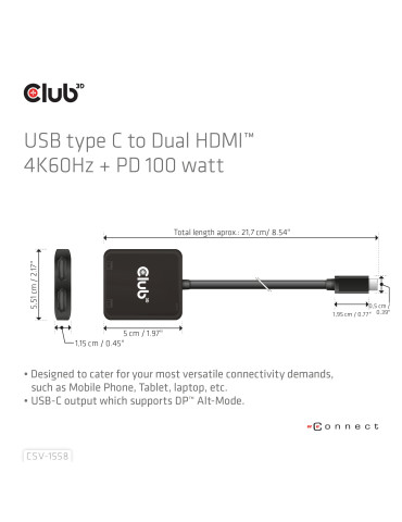 CLUB3D CSV-1558 bilddelare USB Type-C 2x HDMI